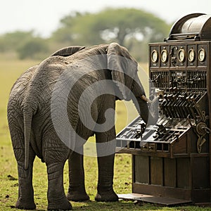 An elephant controls a retro trunk control panel in the savannah. photo