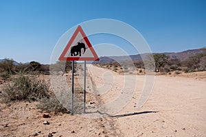 Elephant Crossing Road Warning Sign in Namibia