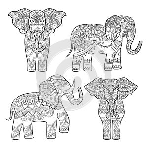 Elephant decorative pattern. Indian motif tribal royal design for adults colored pages vector illustrations