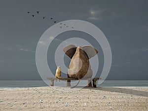 Elephant and dog sit on a beach