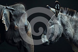 An elephant and donkey stood together, symbol of Republican and Democrat political party