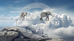 elephant and donkey walking on rope, concept of Bravery vs. Cowardice