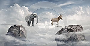 elephant and donkey walking on rope, concept of Bravery vs. Cowardice