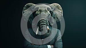 An elephant dressed in a classy suit stands as a successful leader and confident gentleman, exuding elegance, Ai Generated