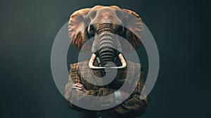 An elephant dressed in a classy suit stands as a successful leader and confident gentleman, exuding elegance, Ai Generated