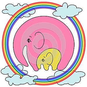 Elephant with an elephant on the clouds, on the rainbow. The concept of motherhood, caring, love, peace, tenderness.