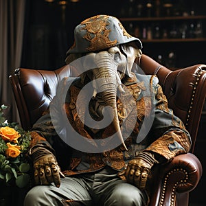 Elephant in Embroidered Suit Seated Elegantly in Library. AI generation photo