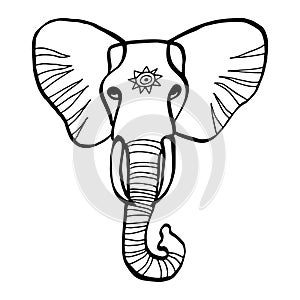 Elephant face drawing. Line art black vector drawing. Totem animal, tattoo design, symbol