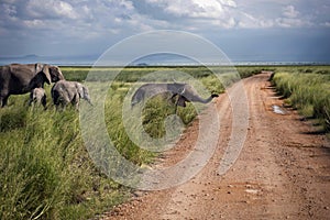 Elephant family going through the path