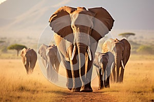 Elephant family having a walk in savannah. Generative AI