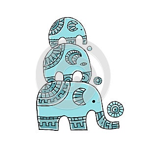 Elephant family isolated on white. Ethnic ornament. Art for your design