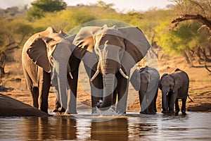 Elephant family near the river in savannah. Generative AI