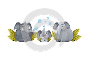 Elephant Family with Parent and Sweet Baby Blowing Soap Bubbles Vector Illustration