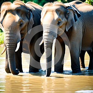 Elephant family playing in the water. Generative AI