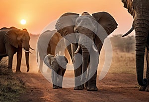 Elephant Family Walking at Sunset