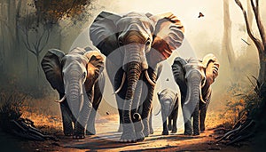 Elephant family walking together in the forest. Generative AI