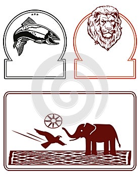 Elephant fish and lion labels