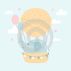 Elephant flights on air balloon. Poster for kids nursery room wall and cards. Vector illustrations