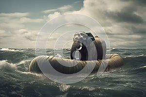 elephant floating on boat in the sea, travel by water concept.