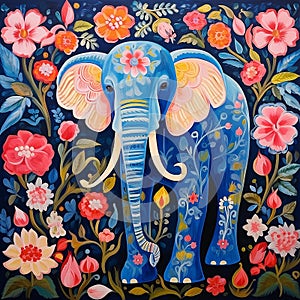 Elephant with flowers illustration oil paint