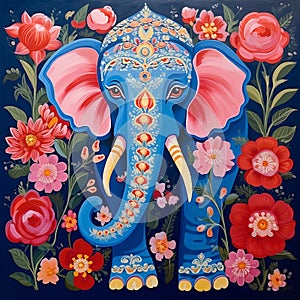 Elephant with flowers illustration oil paint