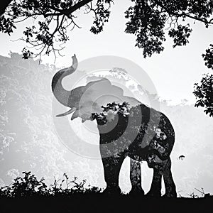 Elephant and Forest Double Exposure in Black and White