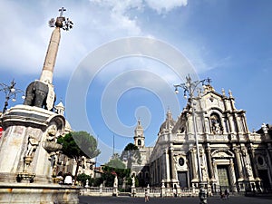 Elephant Fountain and the Catania Cathedral in Catania, Sicily, ITALY