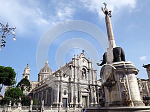 Elephant Fountain and the Catania Cathedral in Catania, Sicily, ITALY