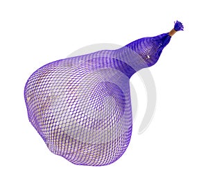 Elephant garlic in purple plastic packaging
