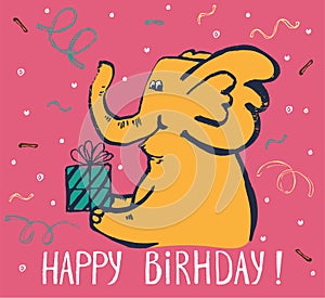Elephant with gift box birthday card cool design. Greeting post card template. Safari animal date of birth