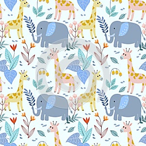 Elephant and giraffe in flowers garden seamless pattern.