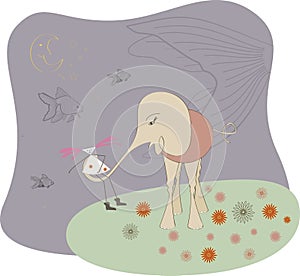 Elephant with the girl on night walk.