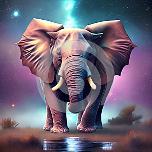 Elephant on grassy plains with night sky generative AI