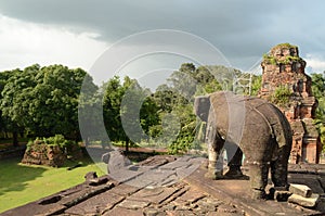 Elephant guarding the Bakong temple in the Roluos complex near Angkor