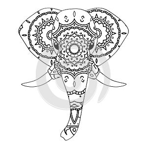 Elephant head coloring book illustration. Antistress coloring for adults.