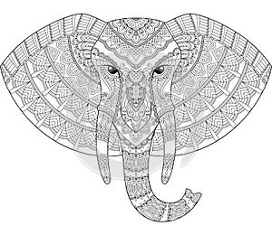 Elephant head in zentangle style. Adult antistress coloring page