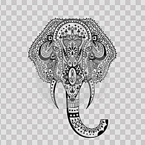 Elephant head zentangle stylized on transparent background. Hand drawn pattern with elephant logo. Used for design of a