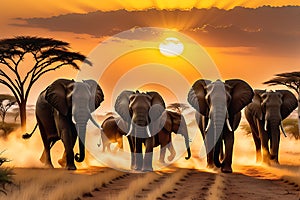 Elephant Herd Traversing the Golden Savannah at Dusk - Dust Rising Beneath Their Colossal Feet, Acacia Silhouettes Against the