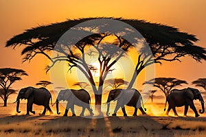Elephant Herd Traversing the Golden Savannah at Dusk - Dust Rising Beneath Their Colossal Feet, Acacia Silhouettes Against the