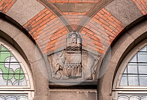 Elephant holding the city, historical relief on wall of Copenhagen City Hall, built in 1905 in Denmark.