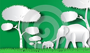 Elephant horde in forest of paper art style,vector or illustration with travel concept