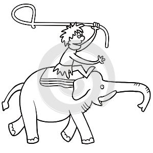 Elephant and hunter with lasso, coloring book, drawing activity, eps.