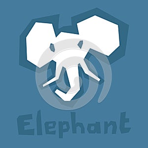 Elephant icon, paper cut. Brutal modern style. Abstract silhouette on a blue background with text. Interactive card for learning