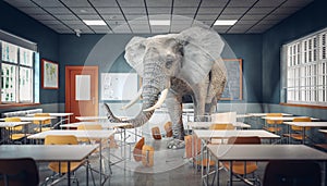 elephant inside a modern school classroom