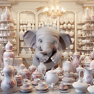 An elephant inside a porcelain store