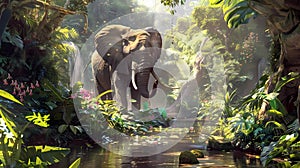 Elephant in the jungle, 3D render of an elephant in the jungle, Generative AI illustrations