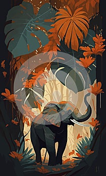 Elephant in the jungle. Graphics poster. Dark green, brown and orange colors.