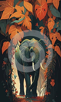 Elephant in the jungle. Graphics poster. Dark green, brown and orange colors.