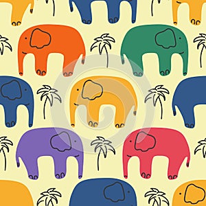 Elephant Kids Baby Colorful Doodle Hand Drawn Seamless Pattern