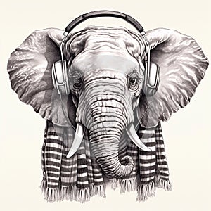 Elephant listening to music with headphones, hand drawn. generative AI